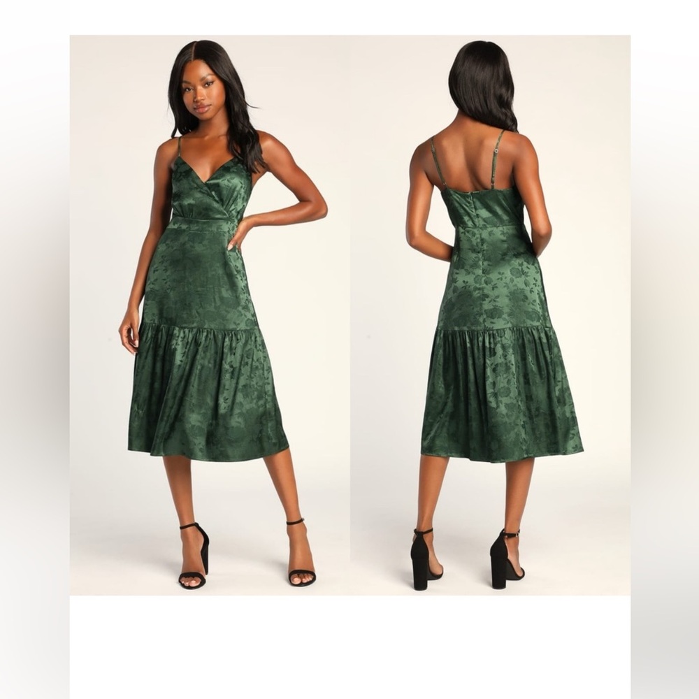 Lulus | Be Your Favorite Emerald Green Satin Jacquard Midi Dress